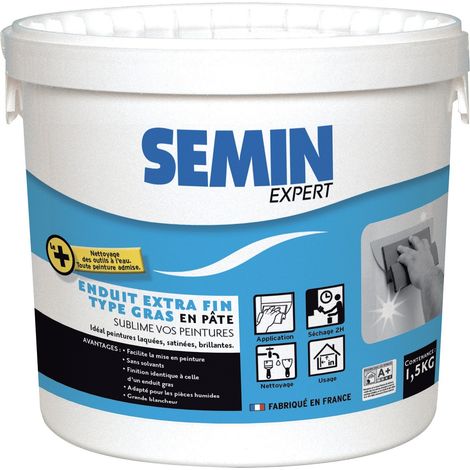Semin – Enduit extra fin – Lissage type gras – Séchage rapide – Intérieur/extérieur – Bonne imperméabilité – Seau de 1,5 kg