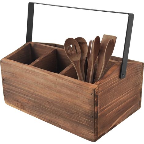 Rangement de couverts, compartimenté, un compartiment rectangulaire + trois compartiments carrés, porte-couverts avec poignée portable, adapté au rangement des boissons et de la vaisselle (brun foncé) (1/5)