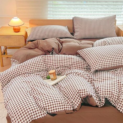 Bettwäsche-Set Mokka Kariert 155x220cm mit 2 Kissenbezügen 80x80cm aus Mikrofaser