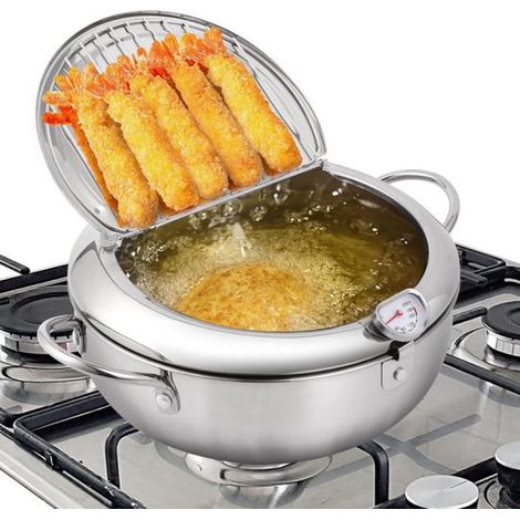 Friteuse professionnelle - Friteuse à tempura japonaise en acier inoxydable avec thermomètre - Ensemble complet avec couvercle et égouttoir à huile - Convient pour les frites, le poulet et les crevett (1/5)