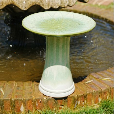 Bañera para pájaros (43x43x45 cm), cuenco amplio, pedestal elevado, cerámica verde (1/5)