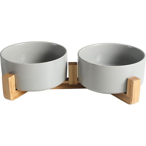 Keramik-Napf für Hunde und Katzen – inklusive Holzständer – Futter- und Wassernapf – 2 x 395 ml – Grau (1/5)