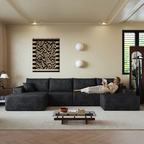 Sofá modular de 5 plazas de pana con puf y chaise longue a la izquierda, sin montaje, Negro
