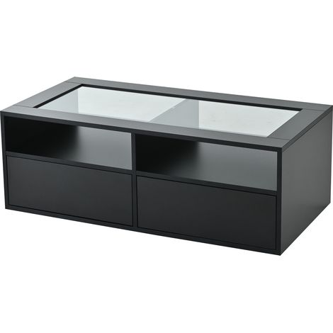 1005035cm Table basse avec lumière LED, table basse avec 2 tiroirs, table de salon en verre, table à thé à double niveau, rangement ouvert, table d’appoint pour salon, noir (1/5)