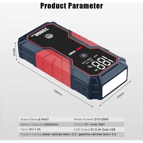 Démarreur de voiture portable 20 000 mAh 12 V (jusqu'à 5,0 L d'essence, moteurs diesel 3,5 L), charge rapide USB, sans fil rapide et lampe de poche (1/5)