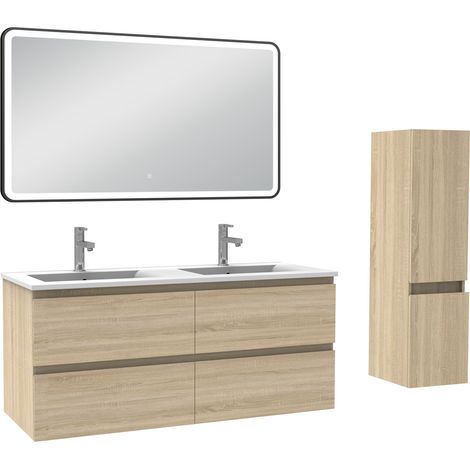Ocean Meuble salle de Bain 120cm double vasque avec colonne + miroir 3 couleurs Chêne Wotan