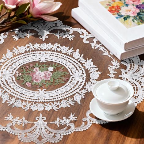 Waschbare, rutschfeste ovale Platzsets, 6-teiliges hitzebeständiges Platzset, Tischdecke aus Spitze mit Blumenstickerei, weiß. (1/4)