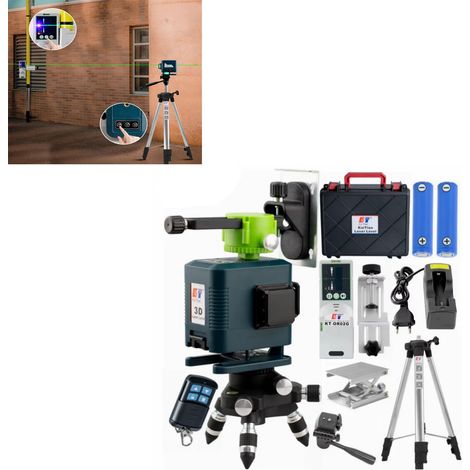 Niveau laser 3D à 12 lignes, nivellement automatique, lignes croisées horizontales et verticales, faisceau ultra-puissant, couverture à 360°, idéal pour la pose de carrelage (2 batteries)