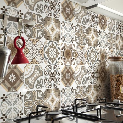 Sticker Mural Carrelage adhésif Cuisine Salle de Bain - 9 STICKERS CARREAUX DE CIMENT AUTHENTIQUES RITHANA - 9stickers15x15cm (1/5)
