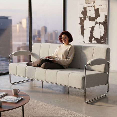 Divano 3 Posti Moderno Rivestito in Ciniglia Beige, in Acciaio, Spugna e Pannello Multistrato, 174x75x76 cm