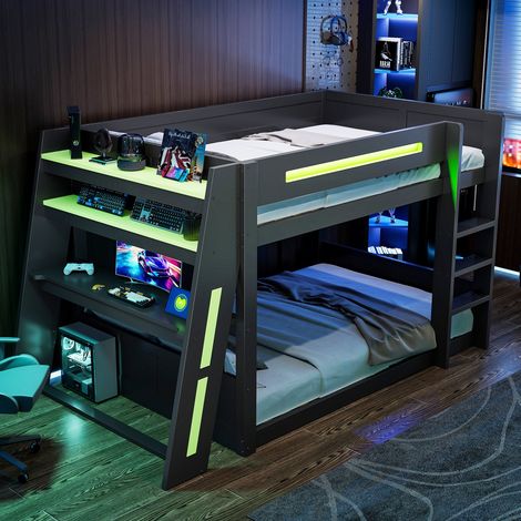Lit superposé bois 140x200 style gaming noir vert bureau deux rangements port USB éclairage LED intégré (sans Matelas) (1/5)