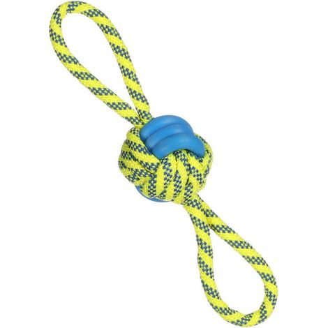 Balle à nouer pour chien, 7 cm de diamètre et 30 cm de hauteur, motif flamant rose bleu et jaune. (1/3)
