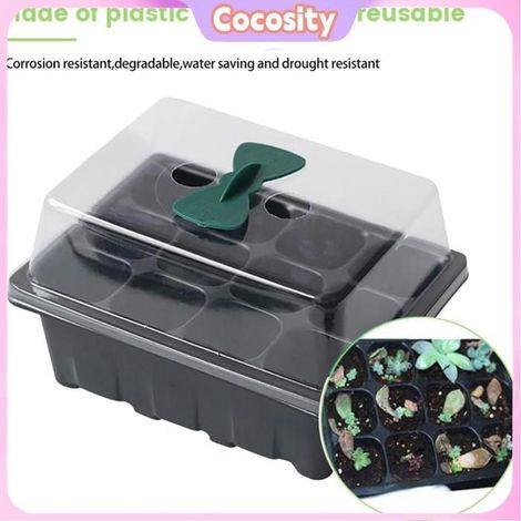 Cocosity Outil de semis Plateau de démarrage de graines à 12 trous avec couvercle, piscine outils Noir (avec trous d'aération (1/5)