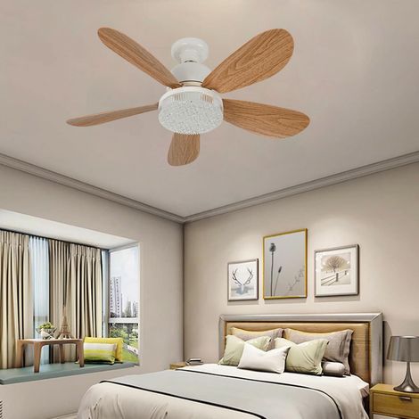 Ortviai Ventilateur de plafond avec lampe LED dimmable 52 cm, 5 pales bois & abat-jour cristal, télécommande incluse