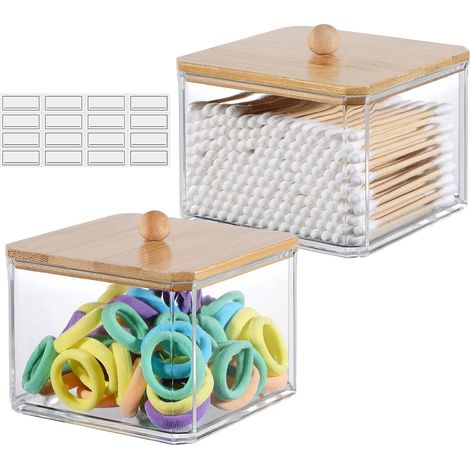 Lot de 2 Boite Rangement, Acrylique Transparent, Couvercle Anti Poussiere, Distributeur Coton Tige, Pour Salle De Bain Bureau (1/5)