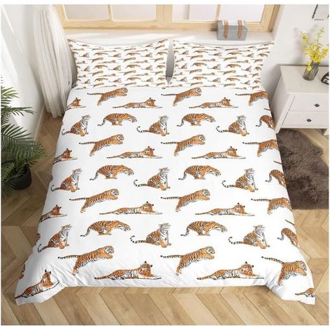 Cute Tigre Sets de Housse de Couette Kawaii Wild Animaux Parure de Lit 220x240cm Wildlife Safari Cat Jaune Blanc Réversible - XF5 (1/4)
