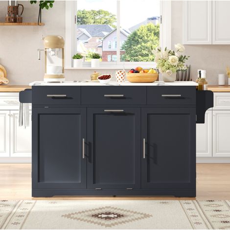 Isla de cocina (136x75x92 cm), con 3 cajones, armario para basura oculto, regleta con 2 AC y 2 USB, MDF gris (1/5)