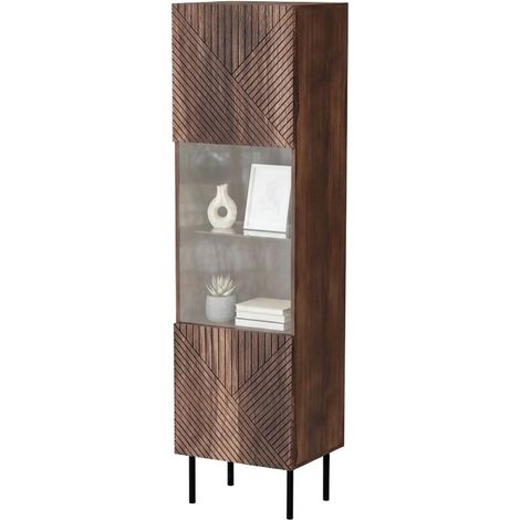 Vitrina Triulzi, Vitrina de salón con puerta de cristal y detalle, Acabado geométrico, 50x40 h187 cm, Nogal