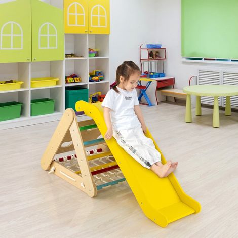 Structure d'escalade triangulaire enfant multicolore 4-en-1 en bois avec toboggan et filet pour chambre, jardin et aire de jeux (1/5)