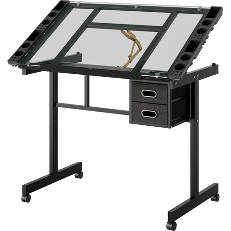 Mesa de dibujo ajustable con tablero de vidrio, 2 cajones de tela y 4 ruedas negras MODENUIT (1/5)