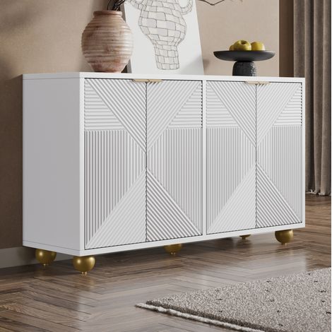 Credenza bianca con 4 ante, ripiani interni regolabili, maniglie in metallo e gambe sferiche, 120x35x71,5 cm (1/5)