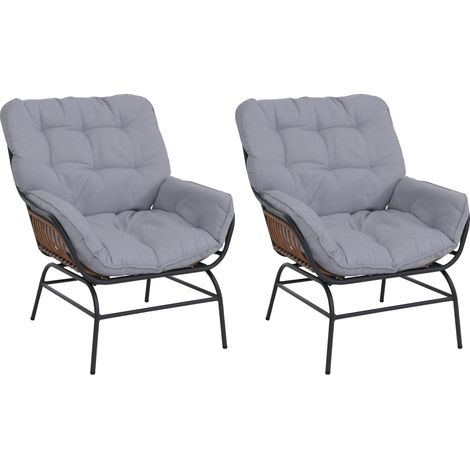 2er-Set Loungestuhl HHG-736, Loungesessel Relaxstuhl, Stoff 220g/m² Poly-Rattan Metall dunkelgrau, Polster hellgrau