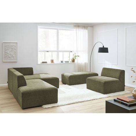 BOBOCHIC - Canapé d'angle fixe modulable MEGEVE tissu texturé avec 1 chauffeuse et 1 pouf Angle droit Vert (1/5)