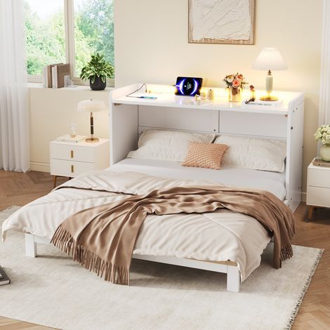 Lit Escamotable 140x200cm - avec Tiroirs, Port USB & Prise, Éclairage LED App, Structure MDF Robuste - Blanc Brillant (1/5)