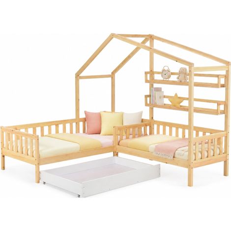 Lit cabane enfant avec tiroirs et étagères, structure en bois avec barrière et sommier à lattes, format L 90x200 cm + 140x70 cm, rangement pratique - CHICFURN (1/5)