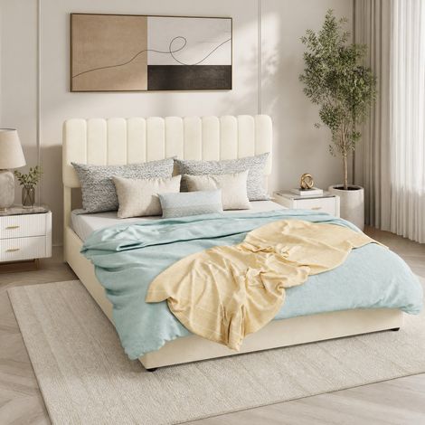 Lit coffre 140x200 cm en tissu beige, rangement avec vérins, pour chambre, sans matelas – MEUBLIV (1/5)