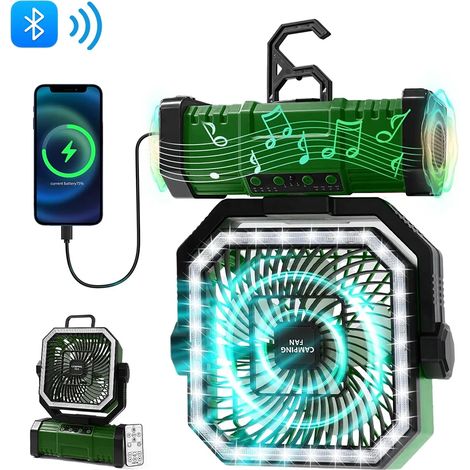 (Vert) Ventilateur de bureau portable rechargeable avec lumière LED et crochet, adapté aux tentes extérieures et aux voyages en voiture. (1/5)