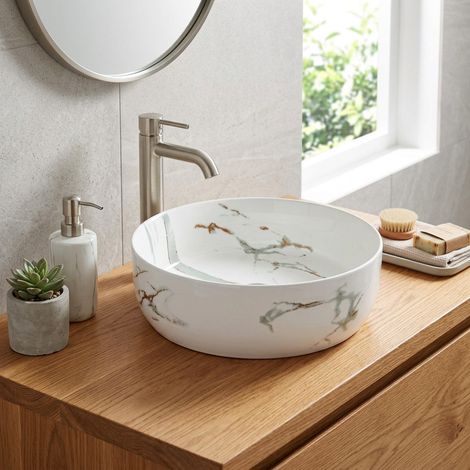 Vasque à poser ronde en céramique diamètre 39 cm - effet marbre blanc mat - sans trop-plein - SAT Infinitio (1/5)