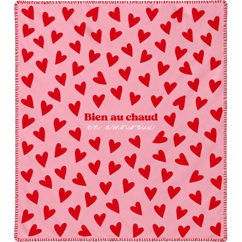 Plaid polaire amoureux rose à cœurs rouges (1/3)