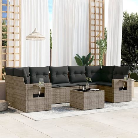 Salon de jardin en résine tressée 8 places avec table en verre trempé et coussins gris (1/5)
