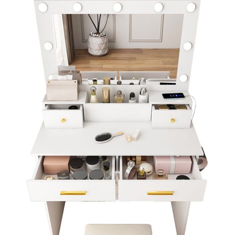 Coiffeuse avec LED 3 températures, prise intégrée, support sèche-cheveux, 4 tiroirs et panier de rangement, avec tabouret rembourré - CHICFURN (1/5)