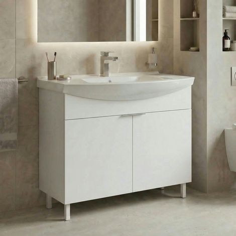 Meuble vasque salle de bains 100 cm blanc 2 portes UMI (1/3)