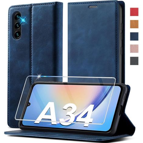 Coque portefeuille pour Samsung Galaxy A34 5G en cuir, avec béquille et fermeture magnétique, bleu (1/5)