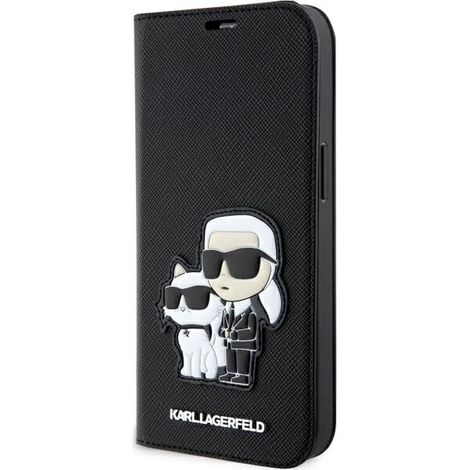 Custodia a libro per iPhone 14 Pro Karl Lagerfeld Saffiano Karl & Choupette nera (1/5)