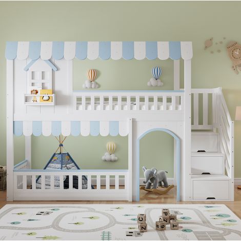 Cama litera infantil estilo casita de madera y MDF blanco+azul 90x200 cm con escalera de almacenaje, ventanas decorativas y somier de láminas (1/5)