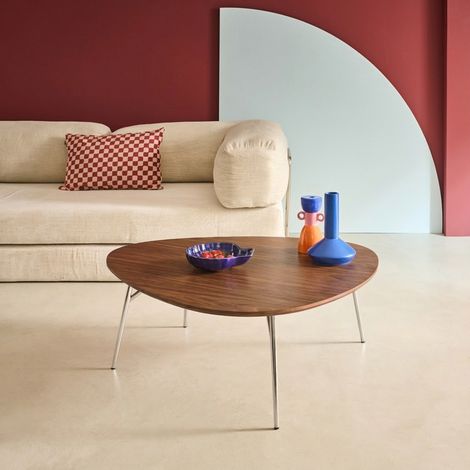 Table basse ovale pieds chromé et effet bois de noyer