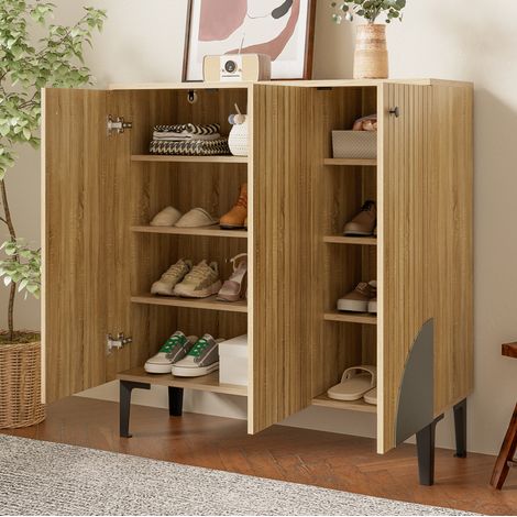 Meuble à chaussures 90x32x94 cm bois clair en panneaux de particules avec 3 portes, étagères et plateau (1/5)