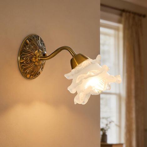Applique murale rétro floral intérieur, lampe murale vintage en verre à fleurs, culot E12 avec ampoules LED incluses, luminaire doré festonné, idéale pour chambre, salon, couloir et salle de bain (1/5)