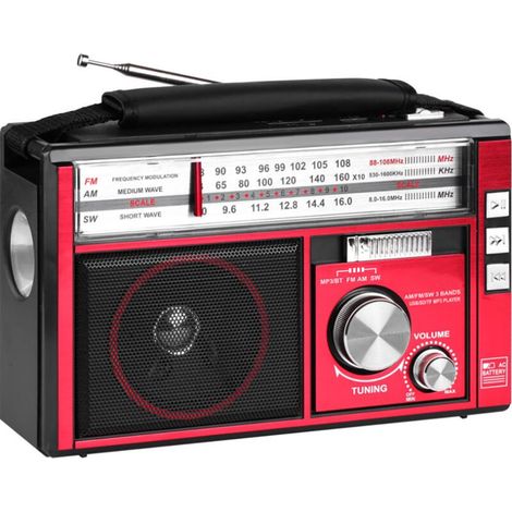 Radio portable rétro multi-bandes: Bluetooth, lecture TF/USB, lampe torche, recharge AC/DC, FM/AM/SW,rouge (1/5)