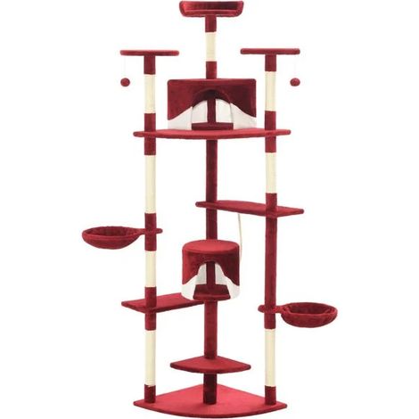 Arbre à chat avec griffes en sisal, 203 cm de haut, rayures rouges et blanches.