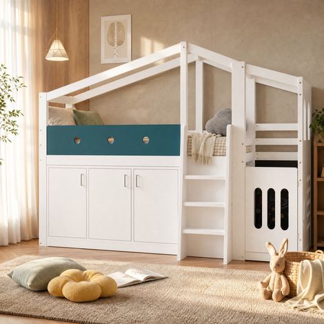 Cama alta infantil 90x200 cm en forma de casa, blanca, con zona de juego y almacenaje (1/5)