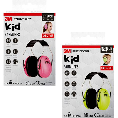 Lot 3M™ : 2 casques anti-bruit enfant PELTOR™ Kid H510AK rose et vert néon 27 dB EN 352 réglables dès 5 ans coussinets souples