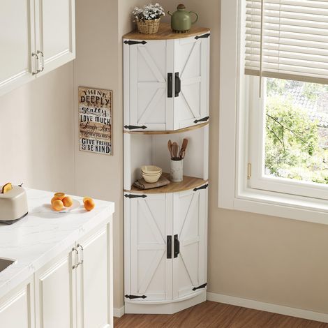 Meuble d'angle de 39,5 x 39,5 x 180 cm, 5 compartiments de rangement, style vintage, aspect bois blanc, rustique, gain de place, idéal pour le salon, la cuisine et la salle à manger, avec dispositif a (1/5)