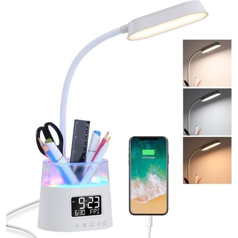 Lampada da tavolo pieghevole, senza fili e ricaricabile, con luminosità regolabile e indicatore dell'ora, colore bianco tè, per casa, ufficio e lettura. (1/5)