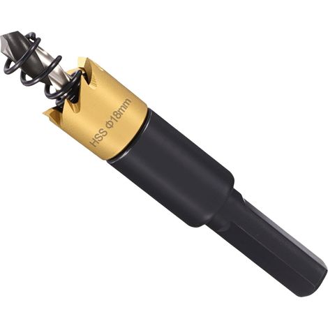 Kit de Trépan 18mm (11/16"), Trépan en Acier Rapide 4241 avec Foret Centre, Clé Hexagonale et Ressort - pour Métaux Tendres, Bois, Plastique, Plaque de Plâtre, Panneaux PVC, Or (1/5)