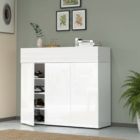 Dmora - Schuhregal Nick, platzsparendes schuhregal mit 4 türen, multifunktionale eingangsgarderobe, 114 x 38 x 100 cm, weißer lärcheneffekt (1/5)